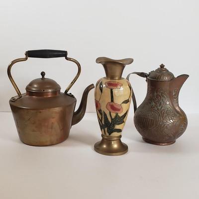 LOT 29F: Collection of Copper; Tea Kettle, Ewer, Enameled Vase