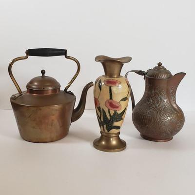 LOT 29F: Collection of Copper; Tea Kettle, Ewer, Enameled Vase