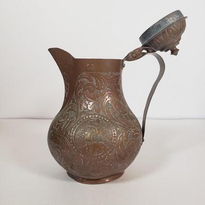LOT 29F: Collection of Copper; Tea Kettle, Ewer, Enameled Vase