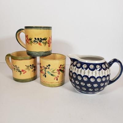 LOT 30F: Polish Pottery Pitcher and Redware Clay Floral Mug Set