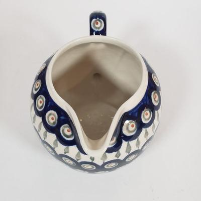 LOT 30F: Polish Pottery Pitcher and Redware Clay Floral Mug Set