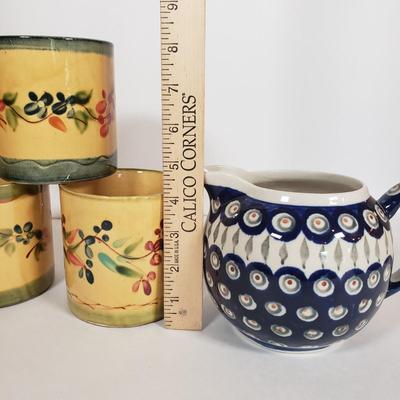 LOT 30F: Polish Pottery Pitcher and Redware Clay Floral Mug Set