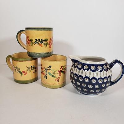 LOT 30F: Polish Pottery Pitcher and Redware Clay Floral Mug Set