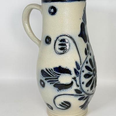 LOT 51F: Williamsburg Blur Stoneware Pottery Pitcher & Rustic Lynx Depologie Metal Pitcher w/ Dried Thistle