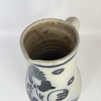 LOT 51F: Williamsburg Blur Stoneware Pottery Pitcher & Rustic Lynx Depologie Metal Pitcher w/ Dried Thistle