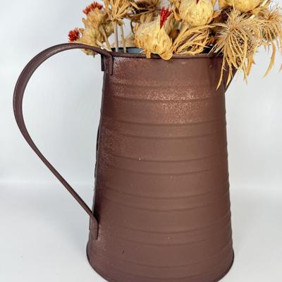 LOT 51F: Williamsburg Blur Stoneware Pottery Pitcher & Rustic Lynx Depologie Metal Pitcher w/ Dried Thistle