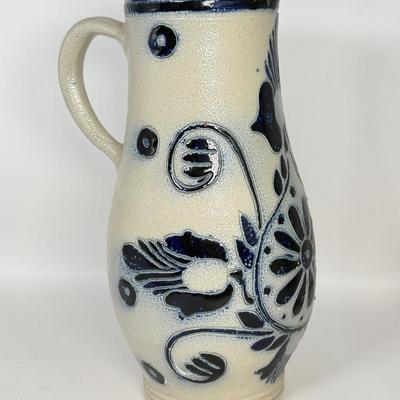 LOT 51F: Williamsburg Blur Stoneware Pottery Pitcher & Rustic Lynx Depologie Metal Pitcher w/ Dried Thistle