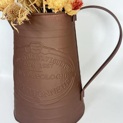 LOT 51F: Williamsburg Blur Stoneware Pottery Pitcher & Rustic Lynx Depologie Metal Pitcher w/ Dried Thistle