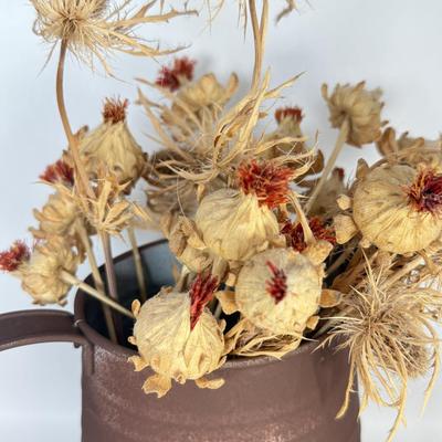 LOT 51F: Williamsburg Blur Stoneware Pottery Pitcher & Rustic Lynx Depologie Metal Pitcher w/ Dried Thistle