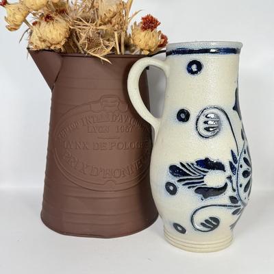 LOT 51F: Williamsburg Blur Stoneware Pottery Pitcher & Rustic Lynx Depologie Metal Pitcher w/ Dried Thistle