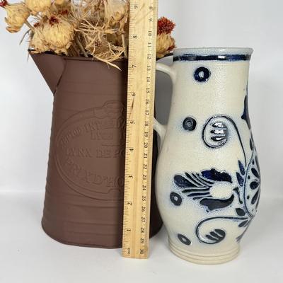 LOT 51F: Williamsburg Blur Stoneware Pottery Pitcher & Rustic Lynx Depologie Metal Pitcher w/ Dried Thistle
