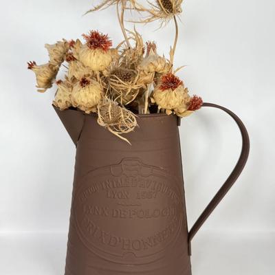 LOT 51F: Williamsburg Blur Stoneware Pottery Pitcher & Rustic Lynx Depologie Metal Pitcher w/ Dried Thistle