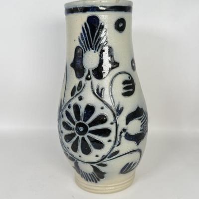 LOT 51F: Williamsburg Blur Stoneware Pottery Pitcher & Rustic Lynx Depologie Metal Pitcher w/ Dried Thistle