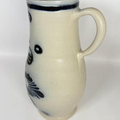 LOT 51F: Williamsburg Blur Stoneware Pottery Pitcher & Rustic Lynx Depologie Metal Pitcher w/ Dried Thistle