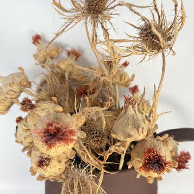 LOT 51F: Williamsburg Blur Stoneware Pottery Pitcher & Rustic Lynx Depologie Metal Pitcher w/ Dried Thistle