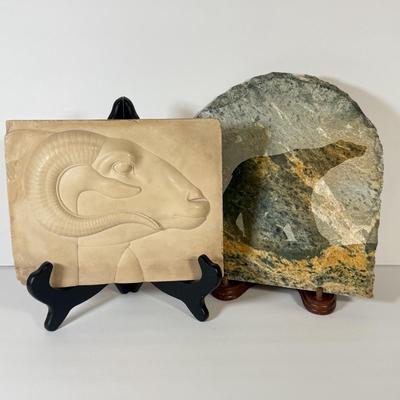 LOT 60F: Goat Relief Plaque & Natural Wonders Bear Slate