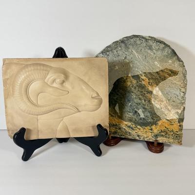 LOT 60F: Goat Relief Plaque & Natural Wonders Bear Slate