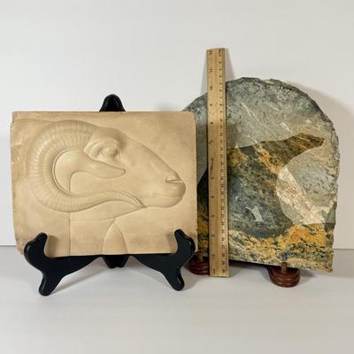 LOT 60F: Goat Relief Plaque & Natural Wonders Bear Slate