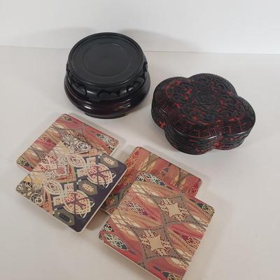 LOT61F: Tabletop Assortment; Chinese Lacquer Box; Wooden Display Stands, Artisan Handmade Coaster Set