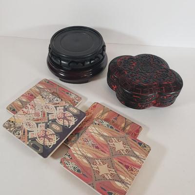 LOT61F: Tabletop Assortment; Chinese Lacquer Box; Wooden Display Stands, Artisan Handmade Coaster Set