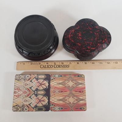 LOT61F: Tabletop Assortment; Chinese Lacquer Box; Wooden Display Stands, Artisan Handmade Coaster Set
