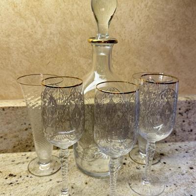 LOT 109K: Gold Rim Decanter w/ 3 Matching Wine Glasses & More