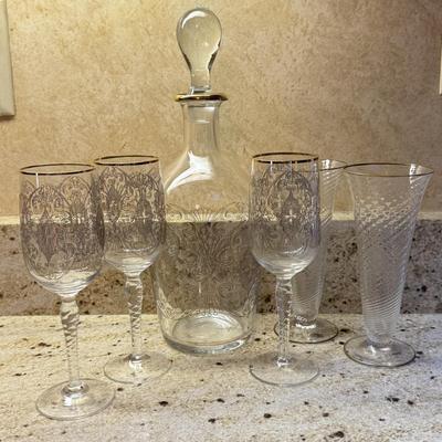 LOT 109K: Gold Rim Decanter w/ 3 Matching Wine Glasses & More