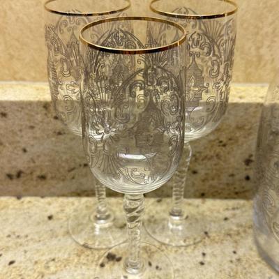LOT 109K: Gold Rim Decanter w/ 3 Matching Wine Glasses & More