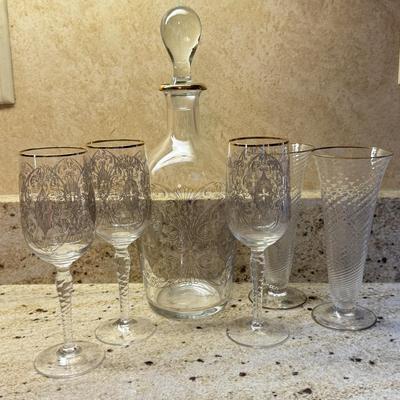 LOT 109K: Gold Rim Decanter w/ 3 Matching Wine Glasses & More