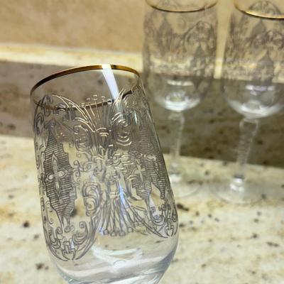 LOT 109K: Gold Rim Decanter w/ 3 Matching Wine Glasses & More