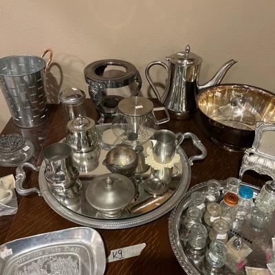 Sale Photo Thumbnail #91: Silver S & P shakers, Platted serving dishes.