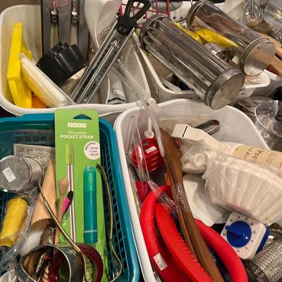Sale Photo Thumbnail #115: Knives, cookie cutters, utensils and more