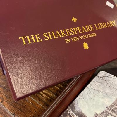 Sale Photo Thumbnail #144: Shakespeare books, print and tapestry picture, tray. End table/ Nightstand