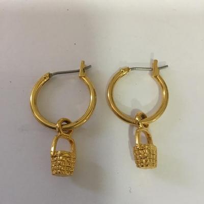 Cute very nice Gold, toned hoop, basket, charm earrings