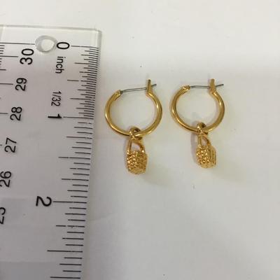 Cute very nice Gold, toned hoop, basket, charm earrings