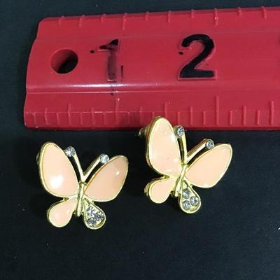 Gold tone, pink enamel rhinestone stud earrings