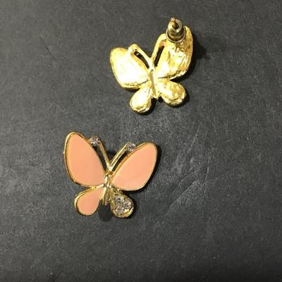 Gold tone, pink enamel rhinestone stud earrings