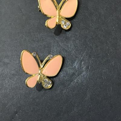 Gold tone, pink enamel rhinestone stud earrings