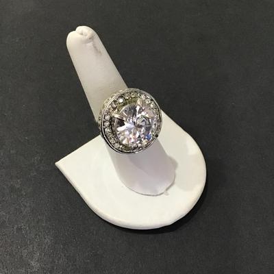 Silver tone statement ring with rhinestones