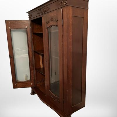 Antique Oak Display Cabinet with Carved Details & Glass Doors