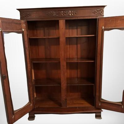 Antique Oak Display Cabinet with Carved Details & Glass Doors