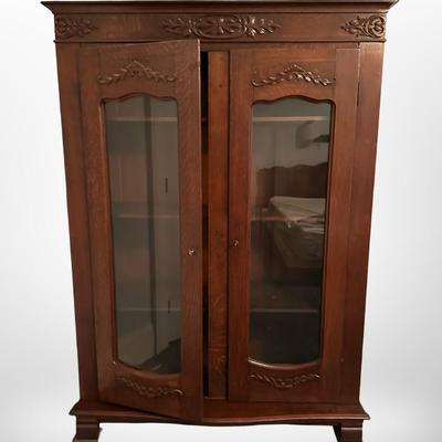 Antique Oak Display Cabinet with Carved Details & Glass Doors