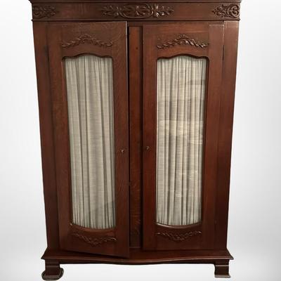 Antique Oak Display Cabinet with Carved Details & Glass Doors