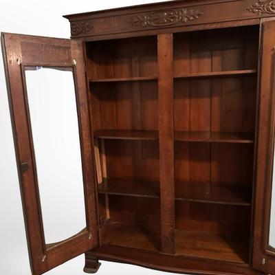 Antique Oak Display Cabinet with Carved Details & Glass Doors