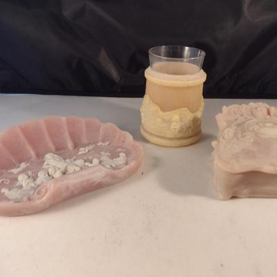Incolay Stone Dresser Set- Trinket Dish, Jewelry Box, and Vase