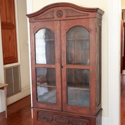 Antique Glass-Front Display Cabinet with Lower Drawer