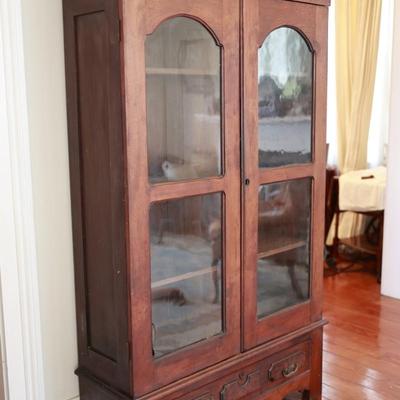 Antique Glass-Front Display Cabinet with Lower Drawer