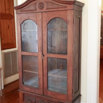 Antique Glass-Front Display Cabinet with Lower Drawer