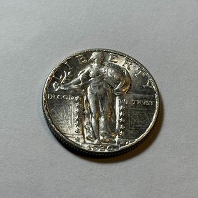 1930 AU58/UNCIRCULATED CONDITION STANDING LIBERTY QUARTER DOLLAR TYPE COIN AS PICTURED.