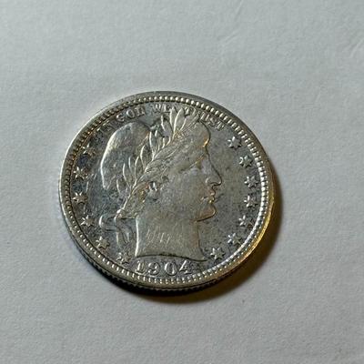 1904-P AU DETAILS CONDITION/CLEANED BARBER SILVER QUARTER DOLLAR AS PICTURED.